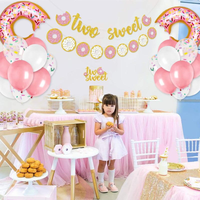 Levfla Two Sweet Donut Party Decoration Baby Second Birthday Glitter Doughnut Banner Cake Topper Sprinkles Balloons Kids Party Favor Ideas Supplies - Image 2